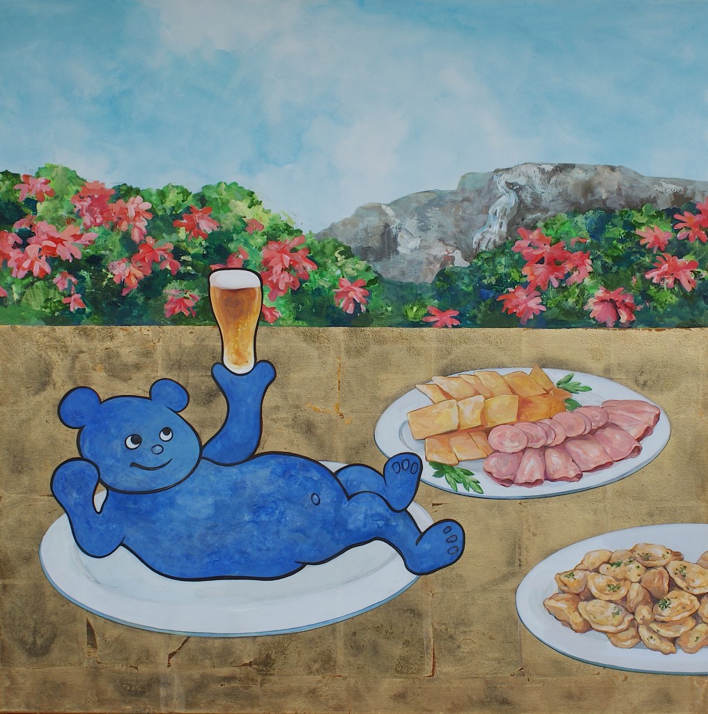 MIS bear, 2014, キャンバスにアクリル絵具,金箔, 100×100 cm 